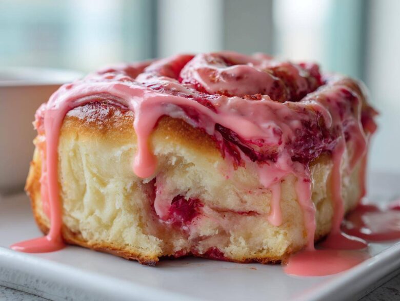 A single, fluffy Strawberry Cheesecake Sweet Rolls slice generously topped with dripping pink strawberry glaze.