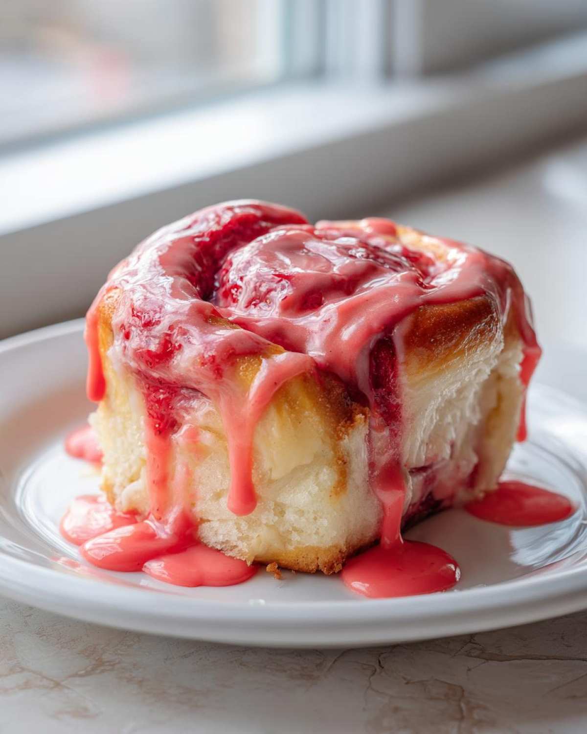 A single, soft Strawberry Cheesecake Sweet Rolls topped with bright pink strawberry glaze dripping down the sides onto a white plate.