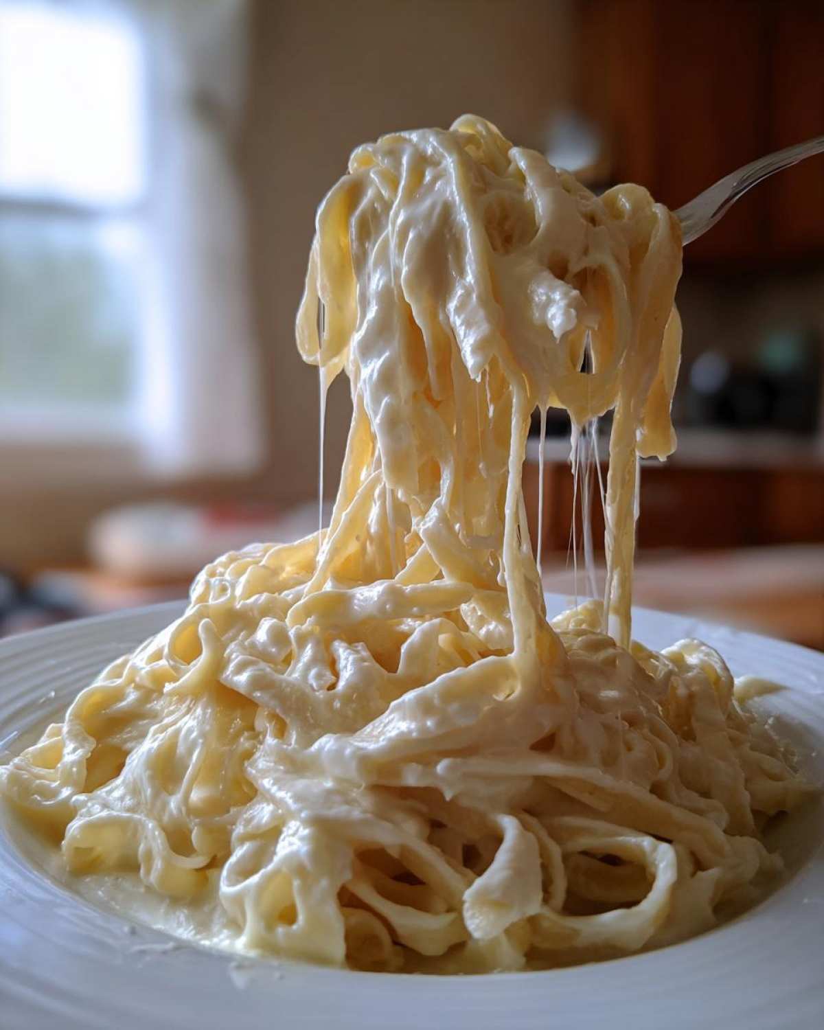 Close-up of fettuccine pasta being lifted, coated in thick, creamy vegan alfredo sauce with visible cheese-like stretch.