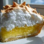A thick slice of lemon meringue pie showing bright yellow filling, a tall, fluffy white meringue topping, and a golden crust.