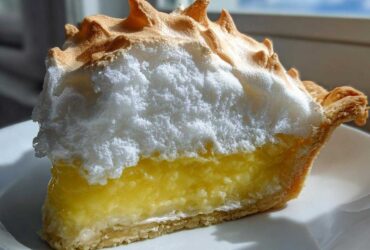 A thick slice of lemon meringue pie showing bright yellow filling, a tall, fluffy white meringue topping, and a golden crust.
