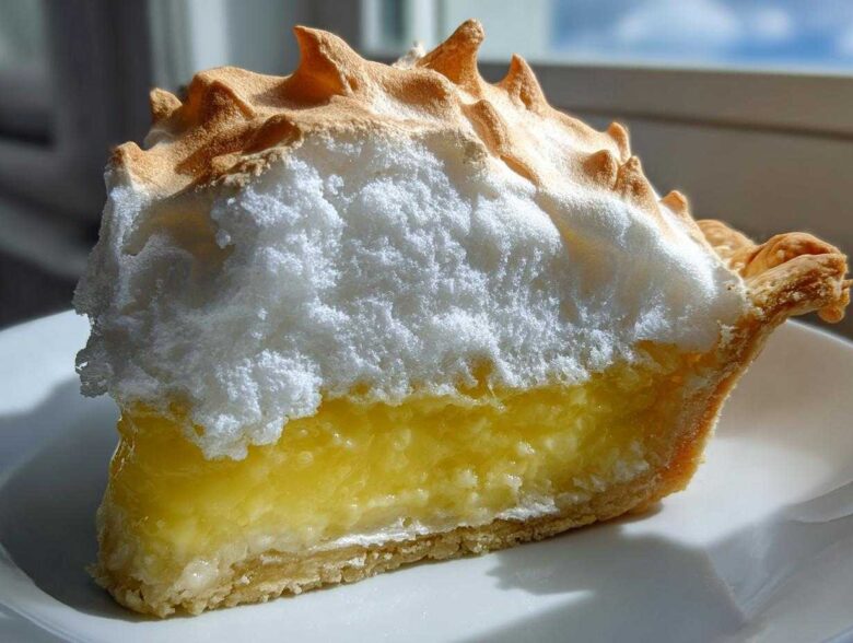 A thick slice of lemon meringue pie showing bright yellow filling, a tall, fluffy white meringue topping, and a golden crust.