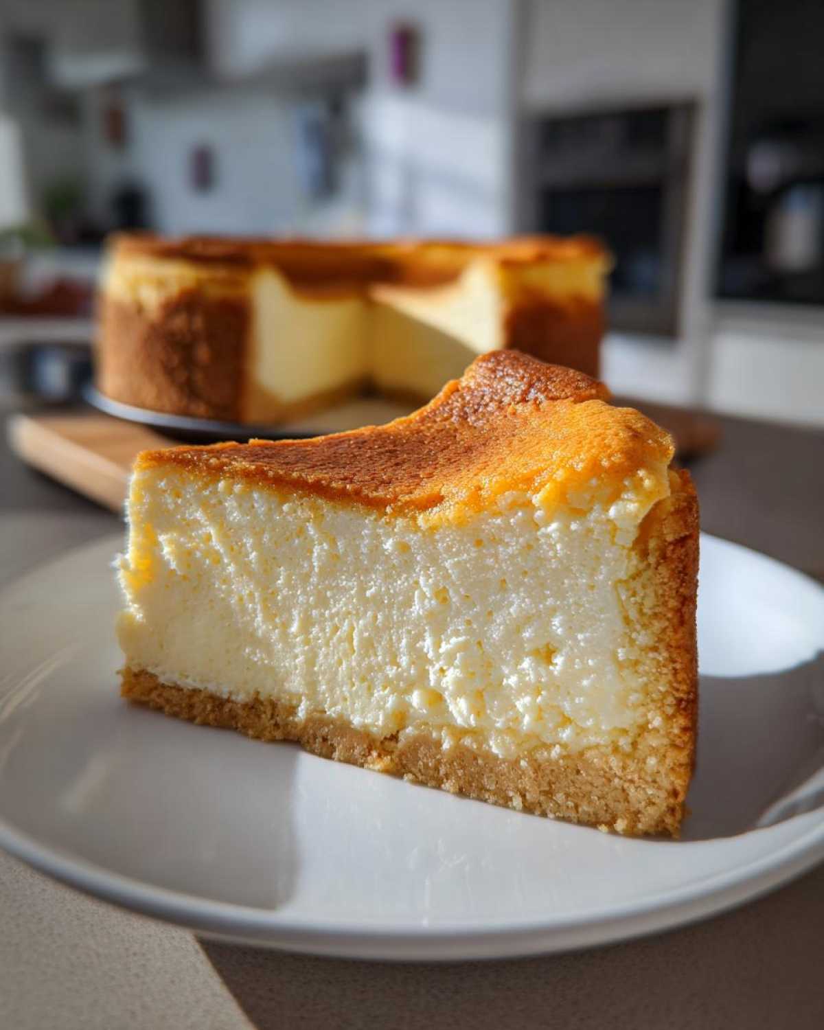 A thick slice of creamy sugar cookie cheesecake with a golden-brown top, served on a white plate.
