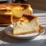 A perfect slice of creamy sugar cookie cheesecake with a golden, slightly browned top, served on a white plate.