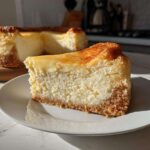 A thick slice of creamy sugar cookie cheesecake with a golden-brown top and graham cracker crust on a white plate.