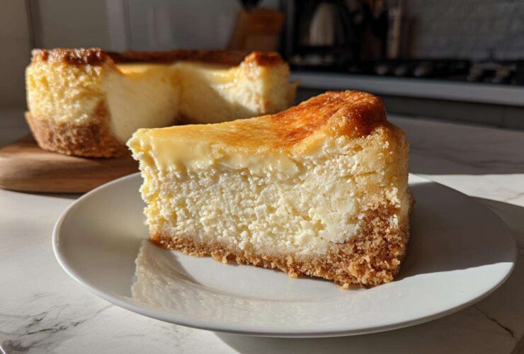 A thick slice of creamy sugar cookie cheesecake with a golden-brown top and graham cracker crust on a white plate.