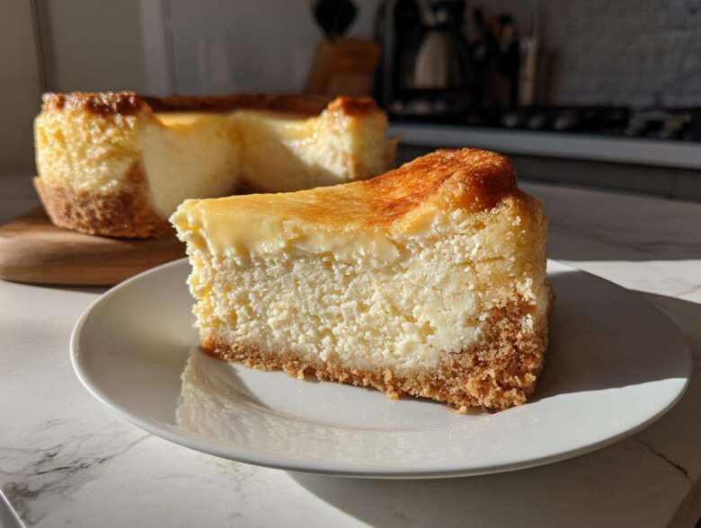 A thick slice of creamy sugar cookie cheesecake with a golden-brown top and graham cracker crust on a white plate.