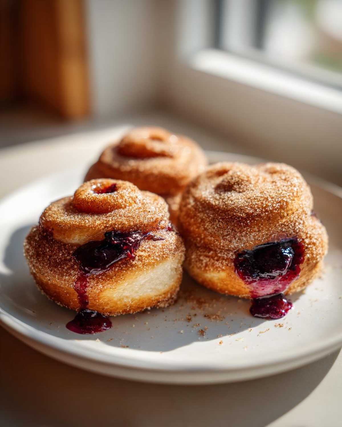 Three golden, sugar-coated Blueberry Pie Bombs with oozing blueberry filling served on a white plate.