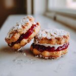 Two raspberry jam-filled linzer cookies dusted with powdered sugar resting on a white marble surface.