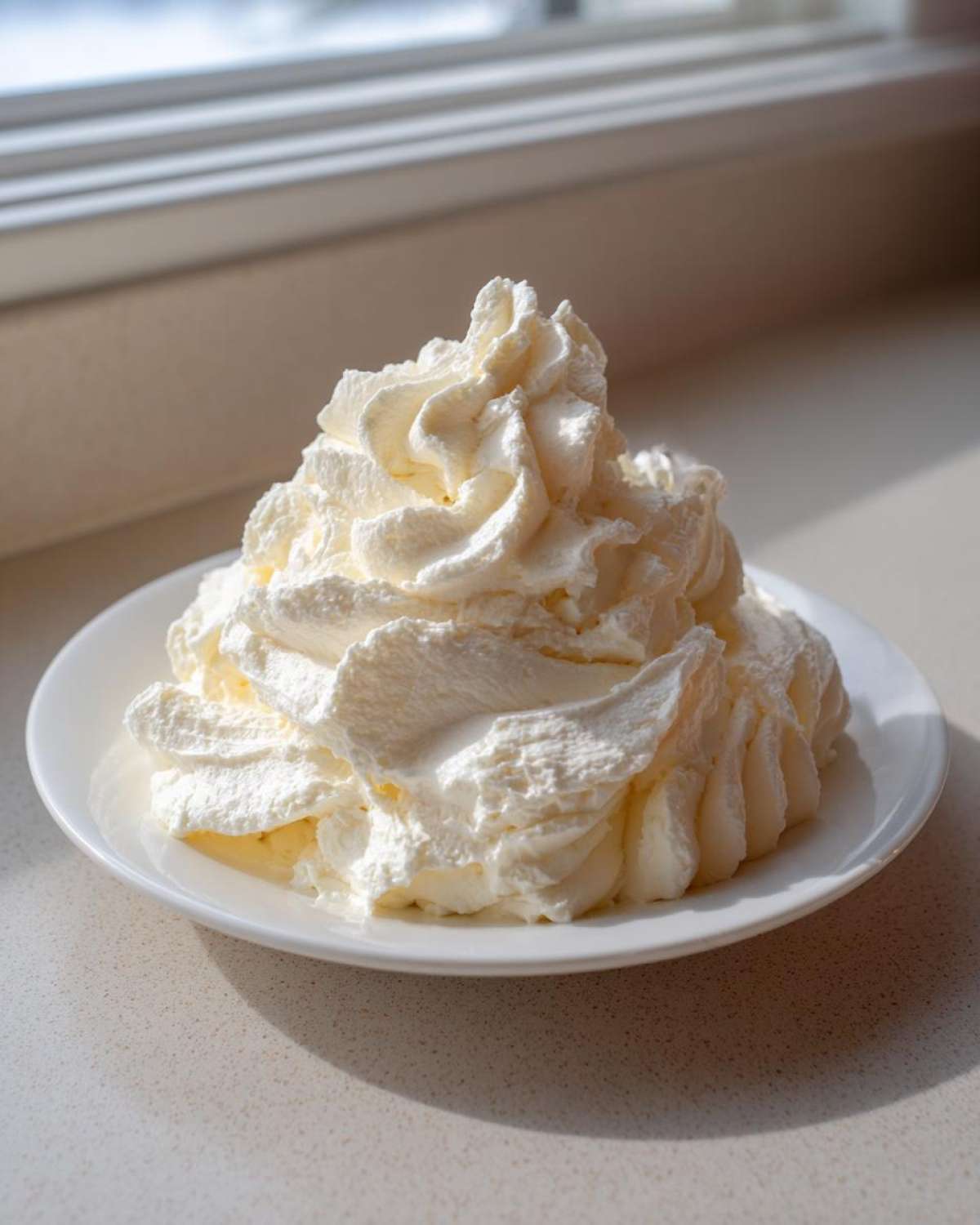 A generous mound of perfectly piped vanilla buttercream frosting with distinct swirls, sitting on a white plate.