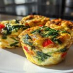 Four golden baked vegetable egg muffin cups filled with spinach and red peppers on a white plate.