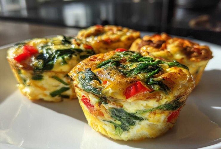 Four golden baked vegetable egg muffin cups filled with spinach and red peppers on a white plate.