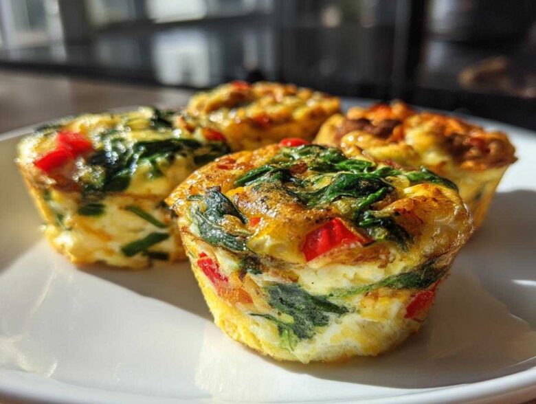 Four golden baked vegetable egg muffin cups filled with spinach and red peppers on a white plate.