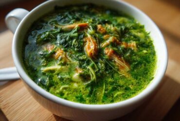 Close-up of a vibrant green chicken poblano soup, showing shredded chicken and leafy greens in a white mug.