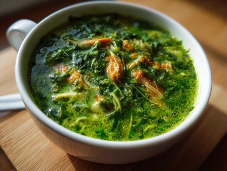 Close-up of a vibrant green chicken poblano soup, showing shredded chicken and leafy greens in a white mug.