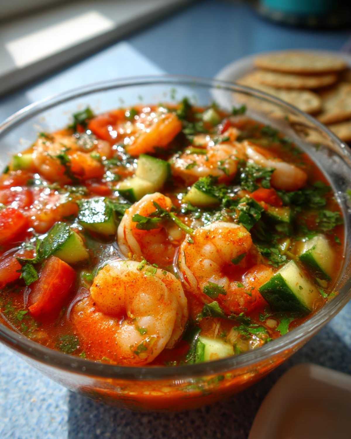 Close-up of a glass bowl filled with vibrant mexican shrimp cocktail, featuring plump shrimp, tomatoes, and cucumber chunks.