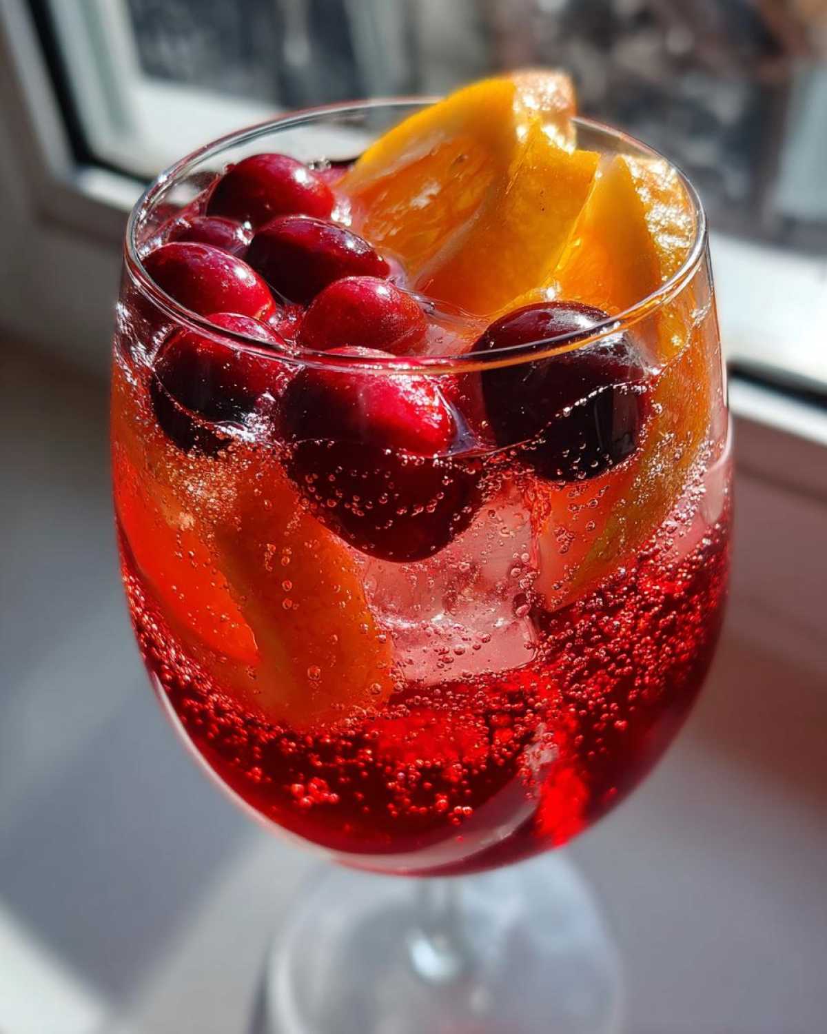Close-up of a glass filled with bright red non-alcoholic christmas punch, garnished with whole cranberries and orange slices.