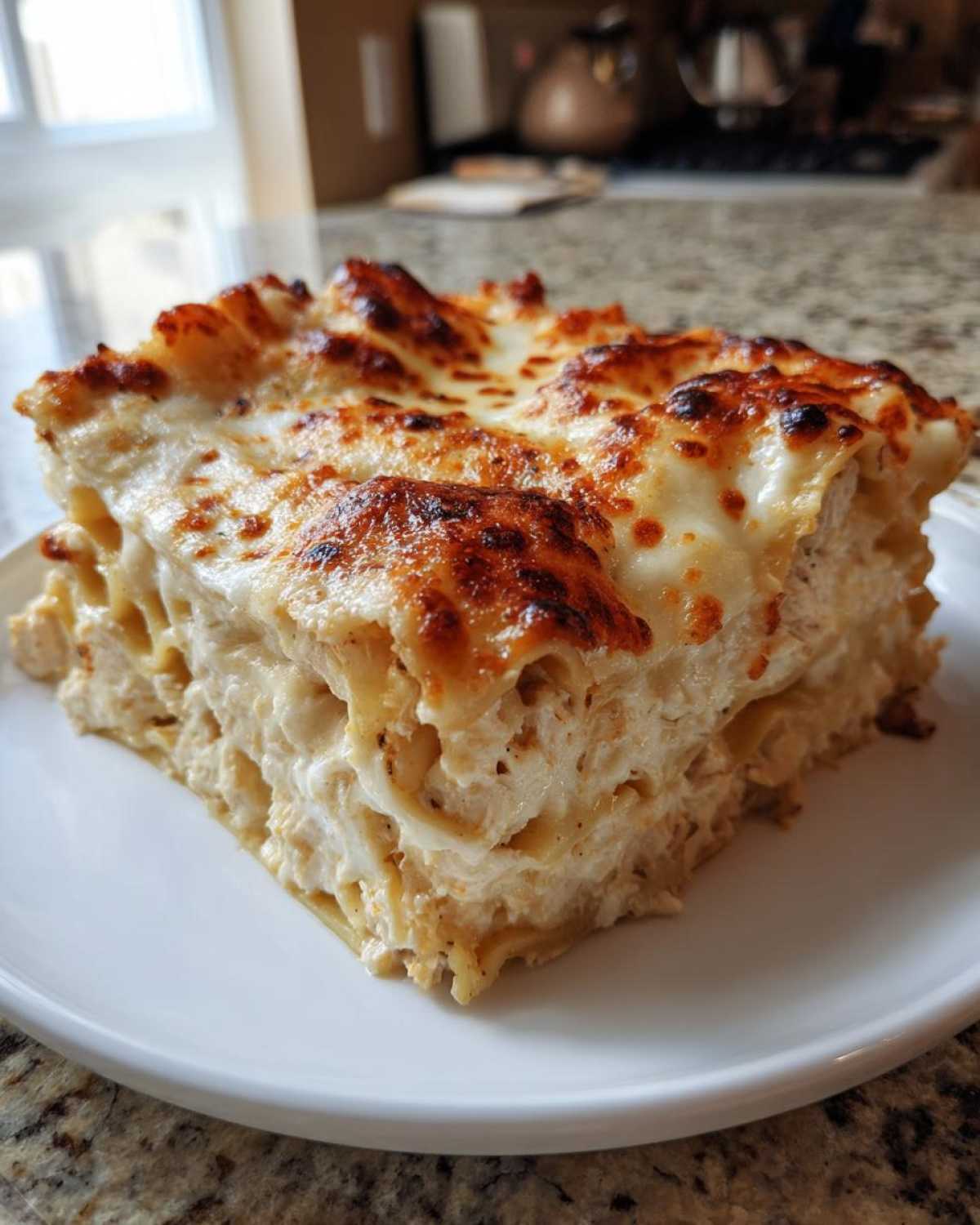 A thick, square slice of creamy white chicken lasagna with a beautifully browned and bubbly cheese topping, served on a white plate.