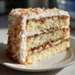 Close-up of a moist slice of white German chocolate cake with coconut-pecan filling and toasted coconut topping.