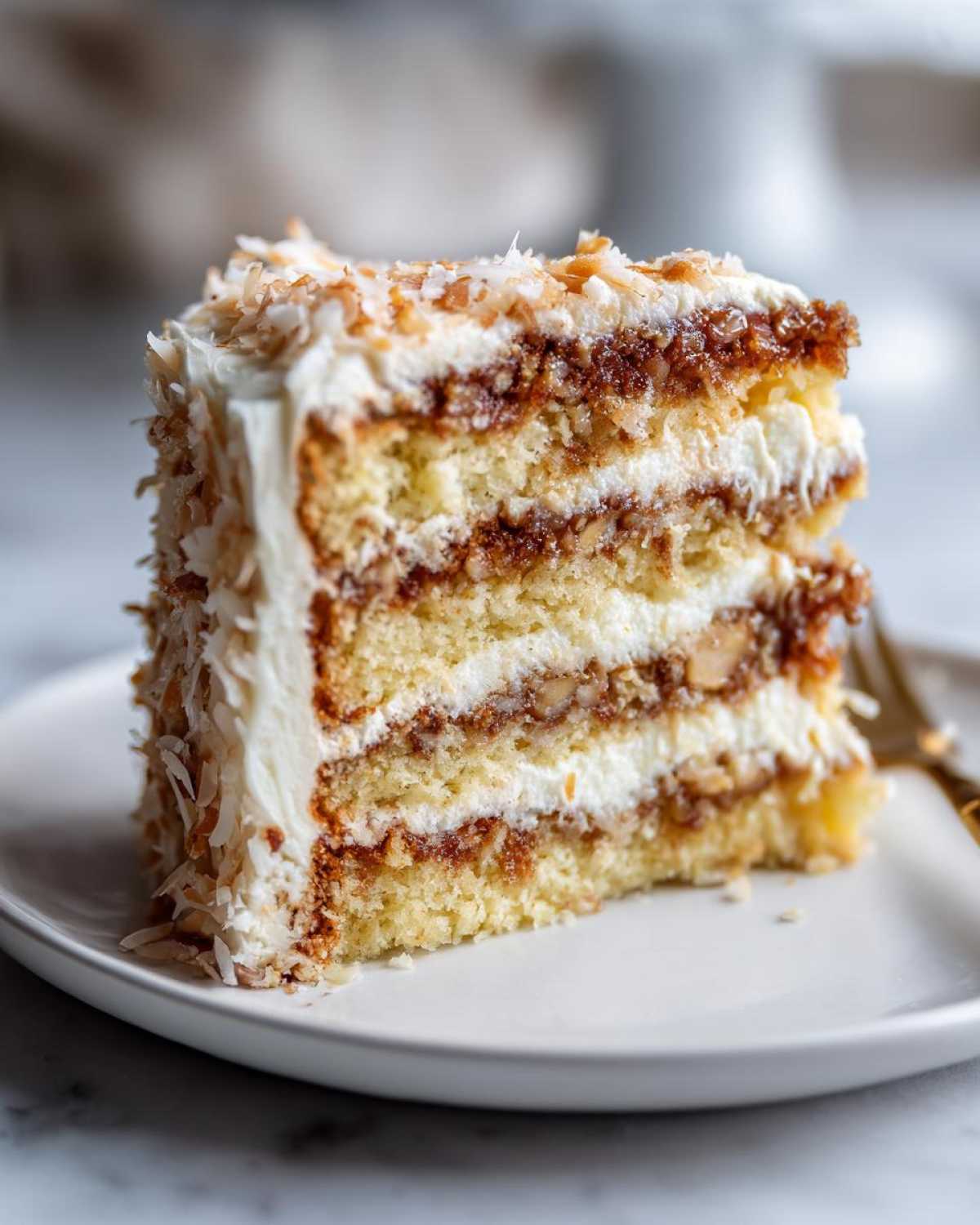 A tall slice of white German chocolate cake featuring layers of white cake, coconut-pecan filling, and white frosting.