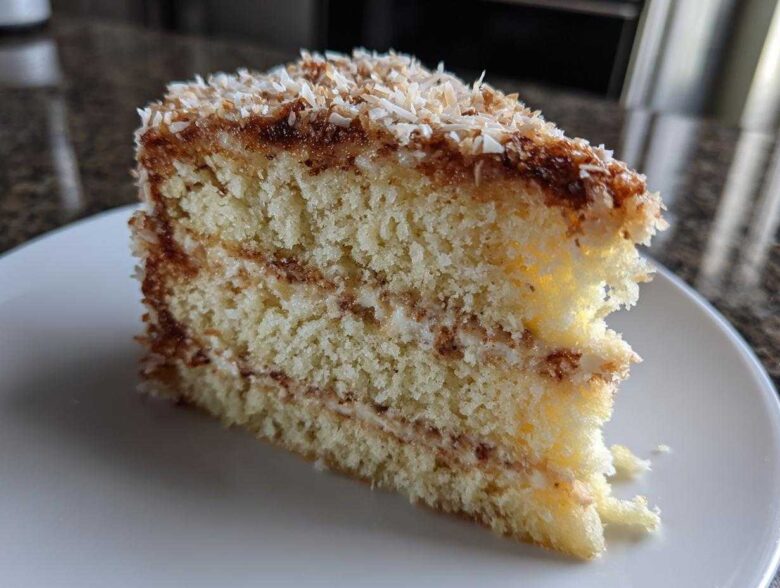Close-up of a moist slice of white German chocolate cake showing layers and toasted coconut pecan frosting.