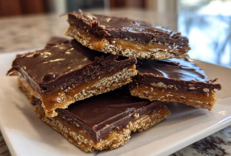 Close-up of stacked squares of graham cracker toffee featuring a crunchy base, gooey caramel layer, and rich chocolate topping.