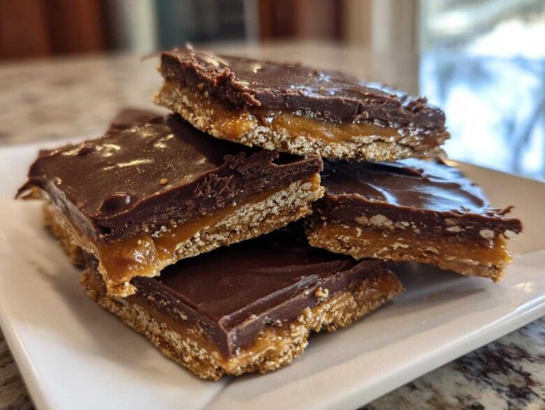 Close-up of stacked squares of graham cracker toffee featuring a crunchy base, gooey caramel layer, and rich chocolate topping.