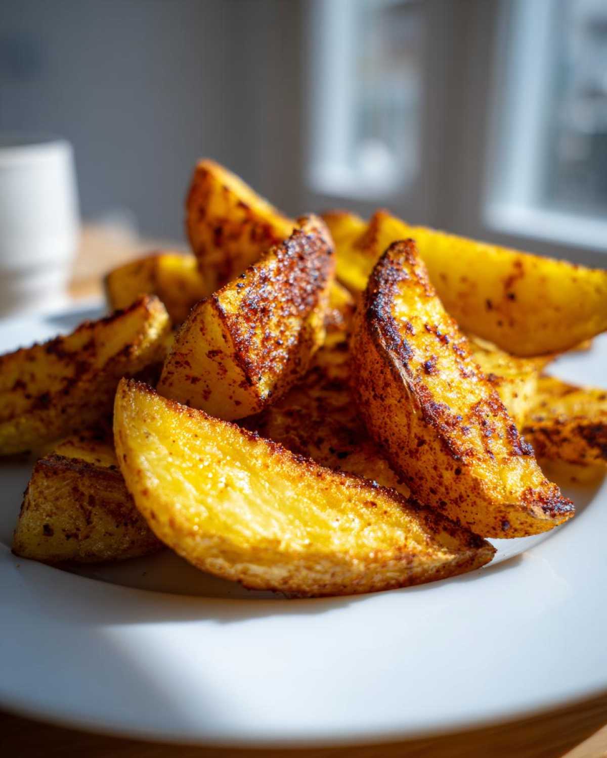 A close-up of perfectly seasoned and crispy air fryer potato wedges piled on a white plate.