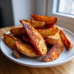 A close-up shot of a pile of perfectly seasoned and crispy air fryer potato wedges served on a white plate.