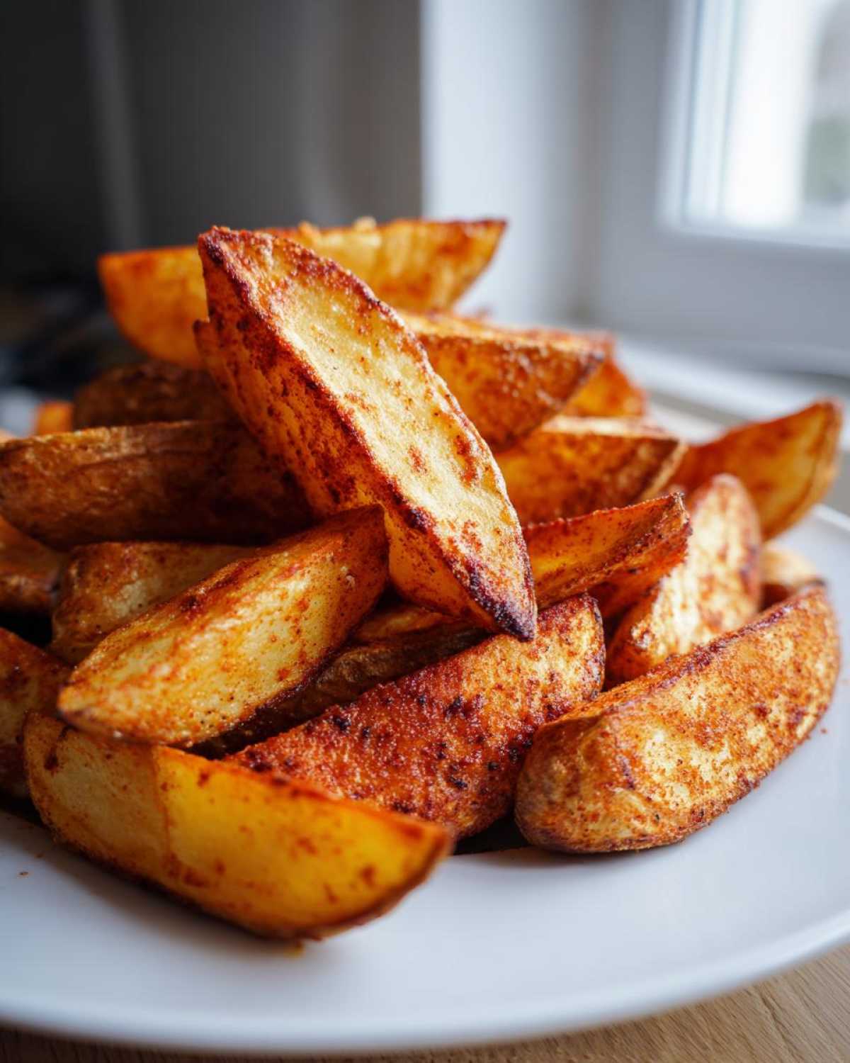 A close-up stack of perfectly seasoned and crispy air fryer potato wedges piled high on a white plate.