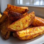 A close-up pile of golden brown, seasoned air fryer potato wedges served on a white plate.