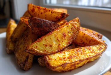 A close-up pile of golden brown, seasoned air fryer potato wedges served on a white plate.