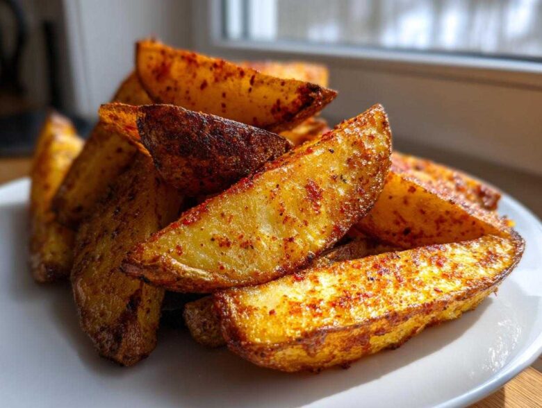 A close-up pile of golden brown, seasoned air fryer potato wedges served on a white plate.