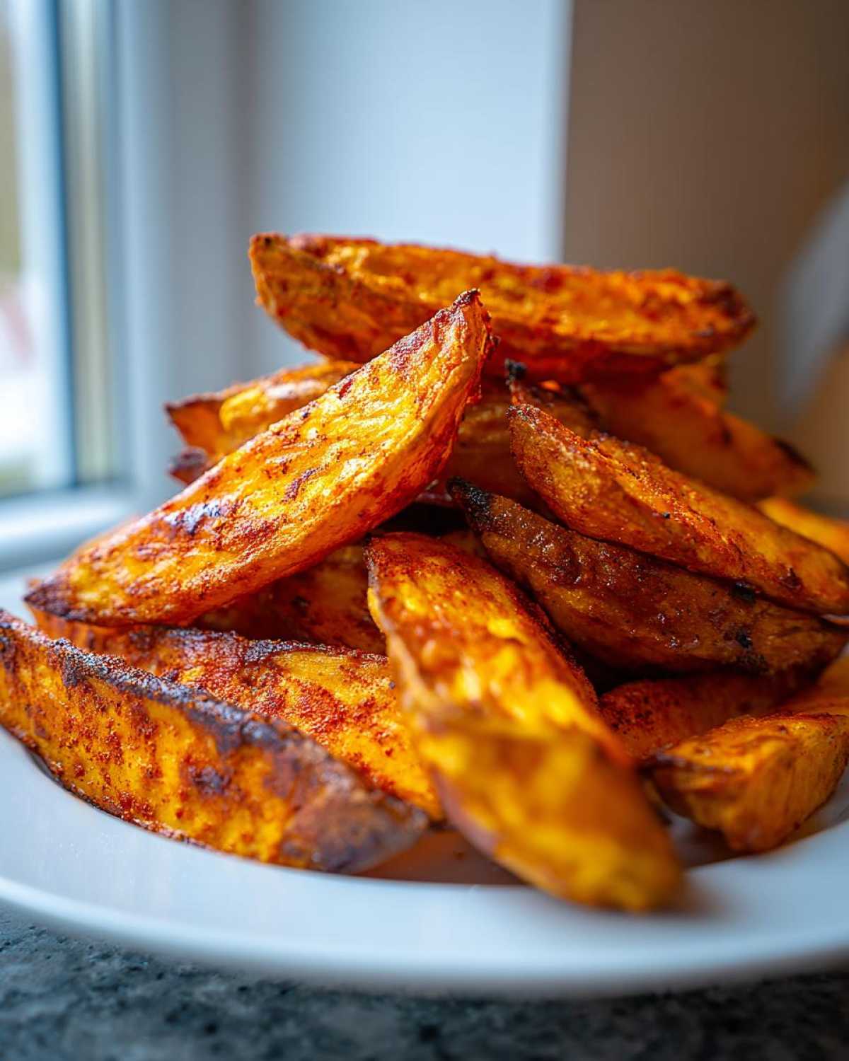 A close-up stack of golden brown, seasoned air fryer potato wedges piled high on a white plate.