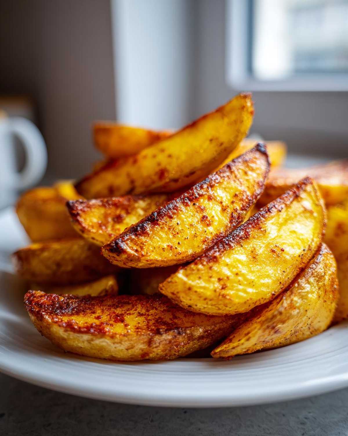 A close-up of golden brown, seasoned air fryer potato wedges piled high on a white plate.