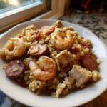 Close-up of a white bowl filled with flavorful jambalaya, featuring shrimp, sliced sausage, chicken, and rice.