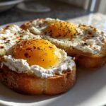 Two slices of amazing 10-minute egg toast topped with creamy cheese, bright yolks, and chili flakes.