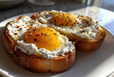 Two slices of amazing 10-minute egg toast topped with creamy cheese, bright yolks, and chili flakes.