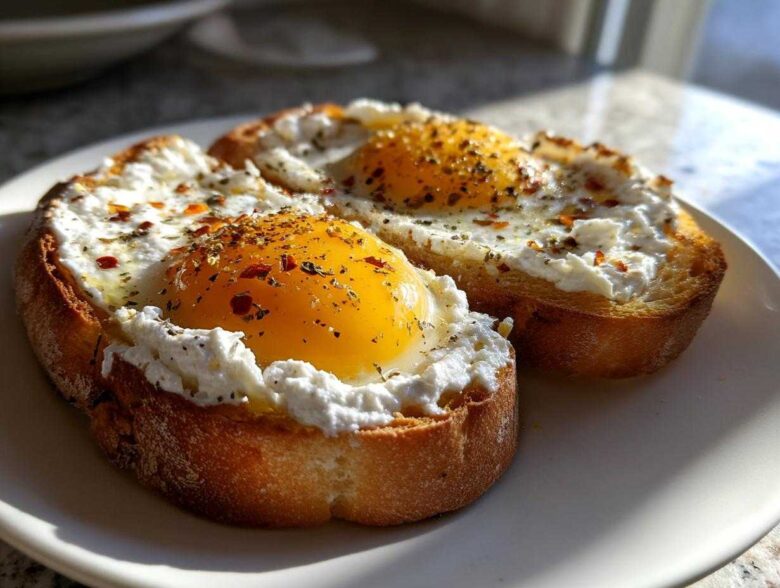 Two slices of amazing 10-minute egg toast topped with creamy cheese, bright yolks, and chili flakes.