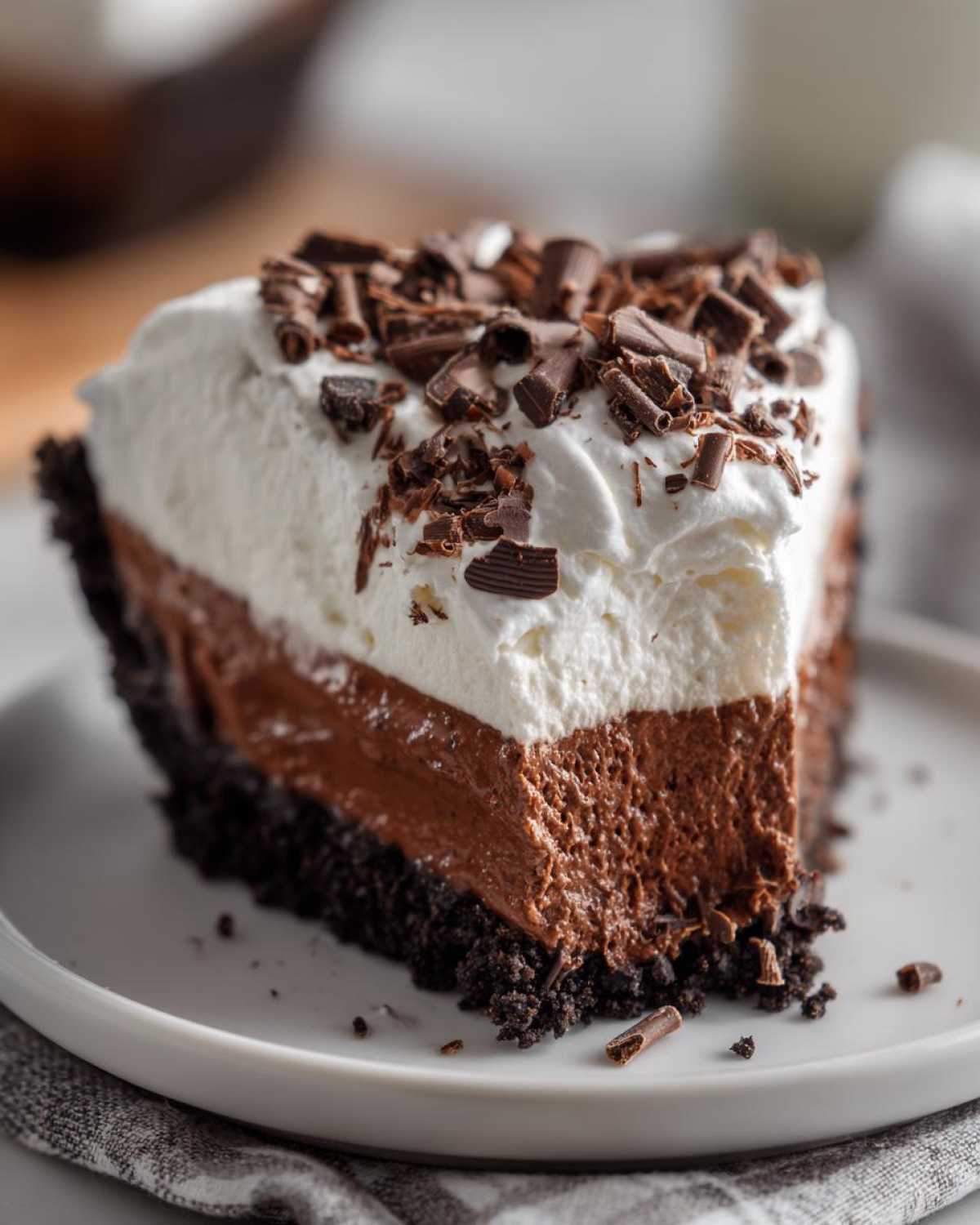 A close-up of a rich slice of chocolate mud pie with a dark crust, chocolate filling, and whipped cream topped with chocolate shavings.