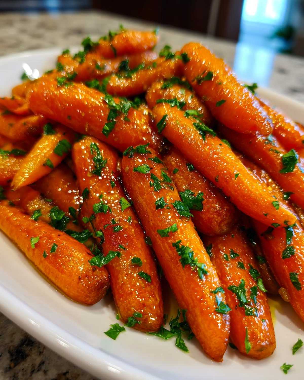 Close-up of perfectly glazed roasted carrots sprinkled with fresh chopped parsley on a white platter.