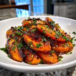 Close-up of perfectly caramelized and glazed roasted carrots sprinkled with fresh green parsley.