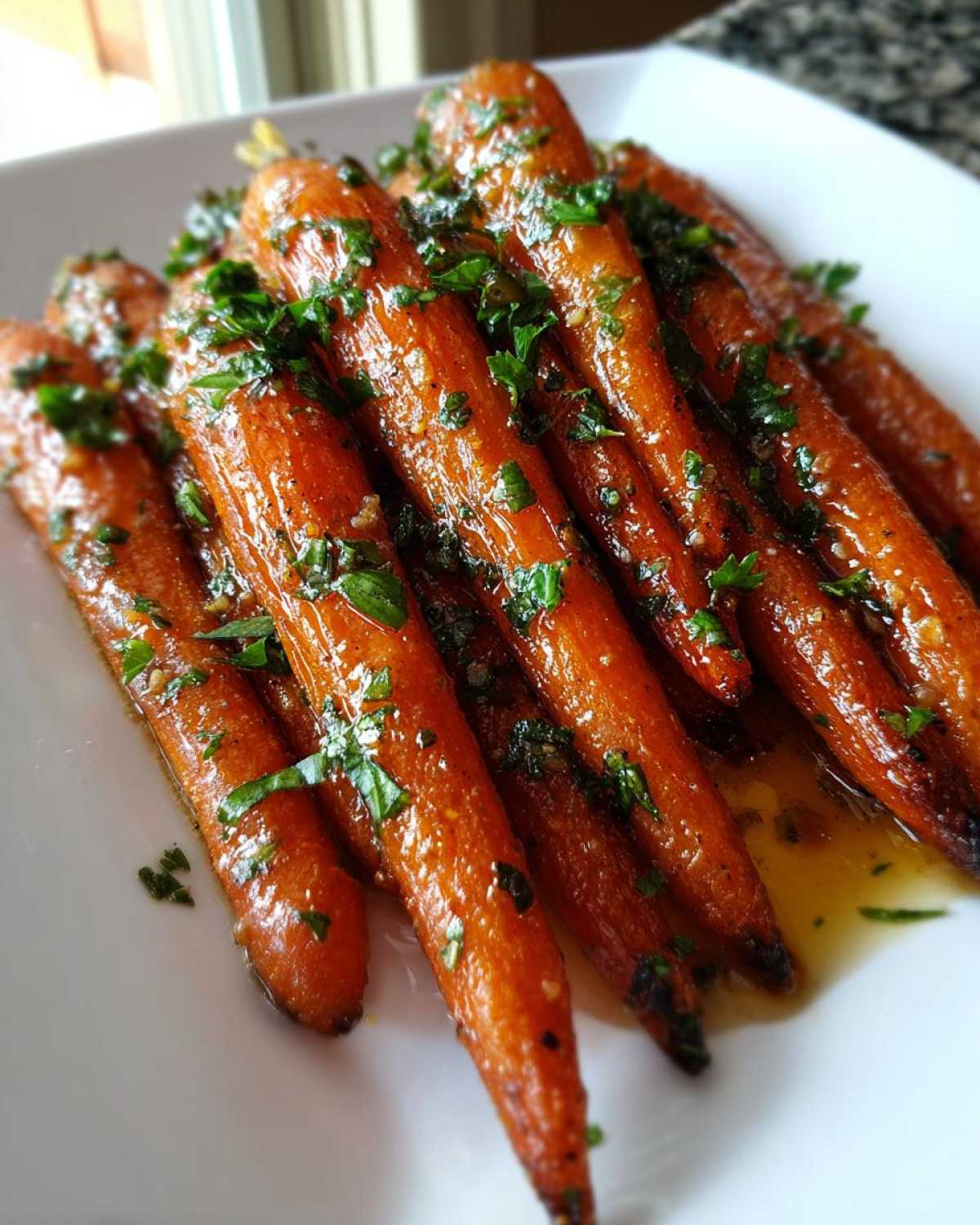 Close-up of perfectly glazed roasted carrots topped with fresh chopped parsley on a white plate.