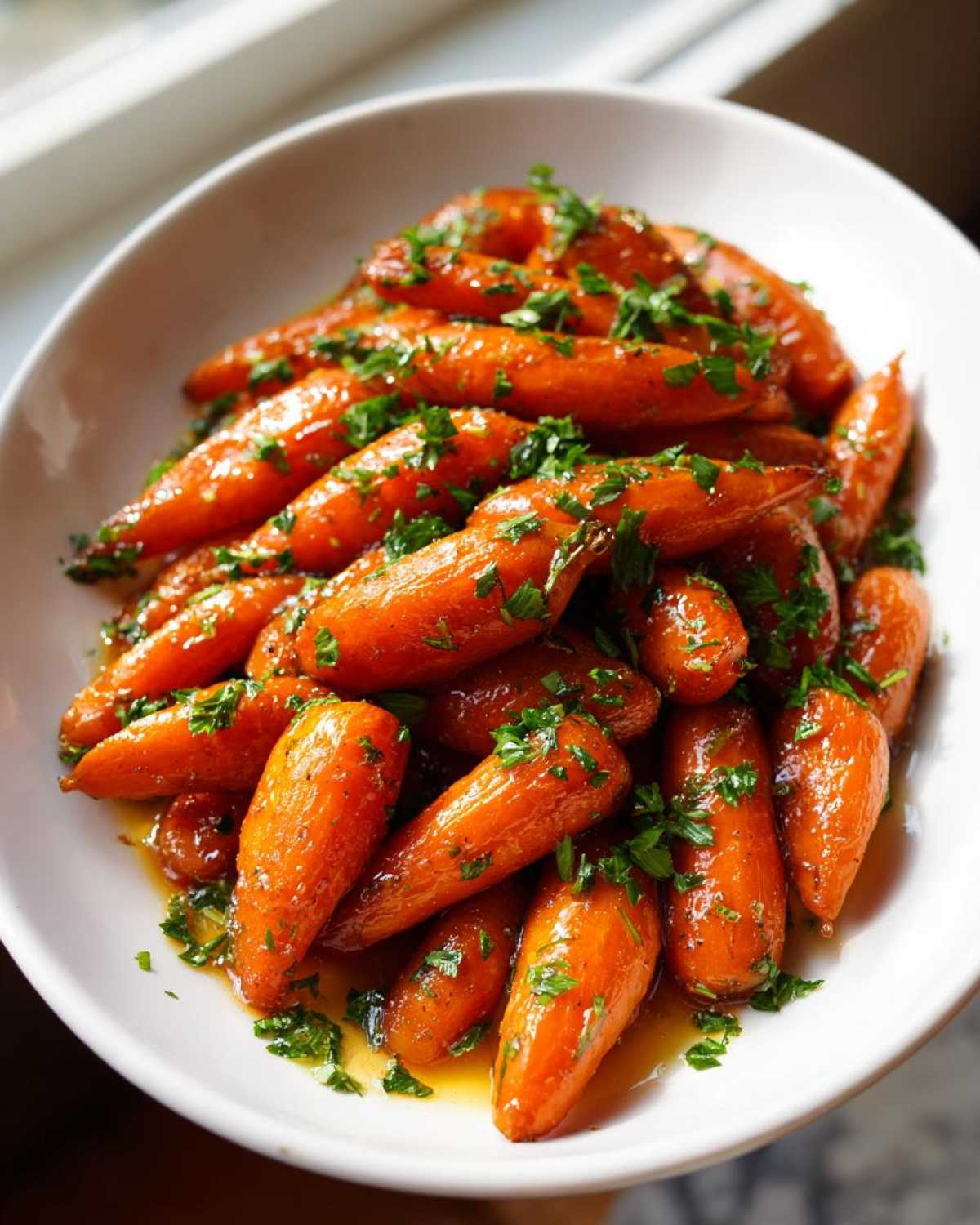 Close-up of glossy, glazed roasted carrots topped with fresh chopped parsley served in a white bowl.