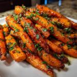 A close-up of perfectly glazed roasted carrots topped with chopped fresh parsley on a white serving platter.