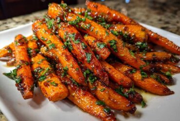 A close-up of perfectly glazed roasted carrots topped with chopped fresh parsley on a white serving platter.
