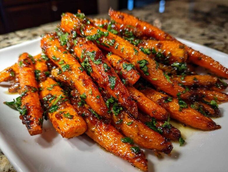 A close-up of perfectly glazed roasted carrots topped with chopped fresh parsley on a white serving platter.