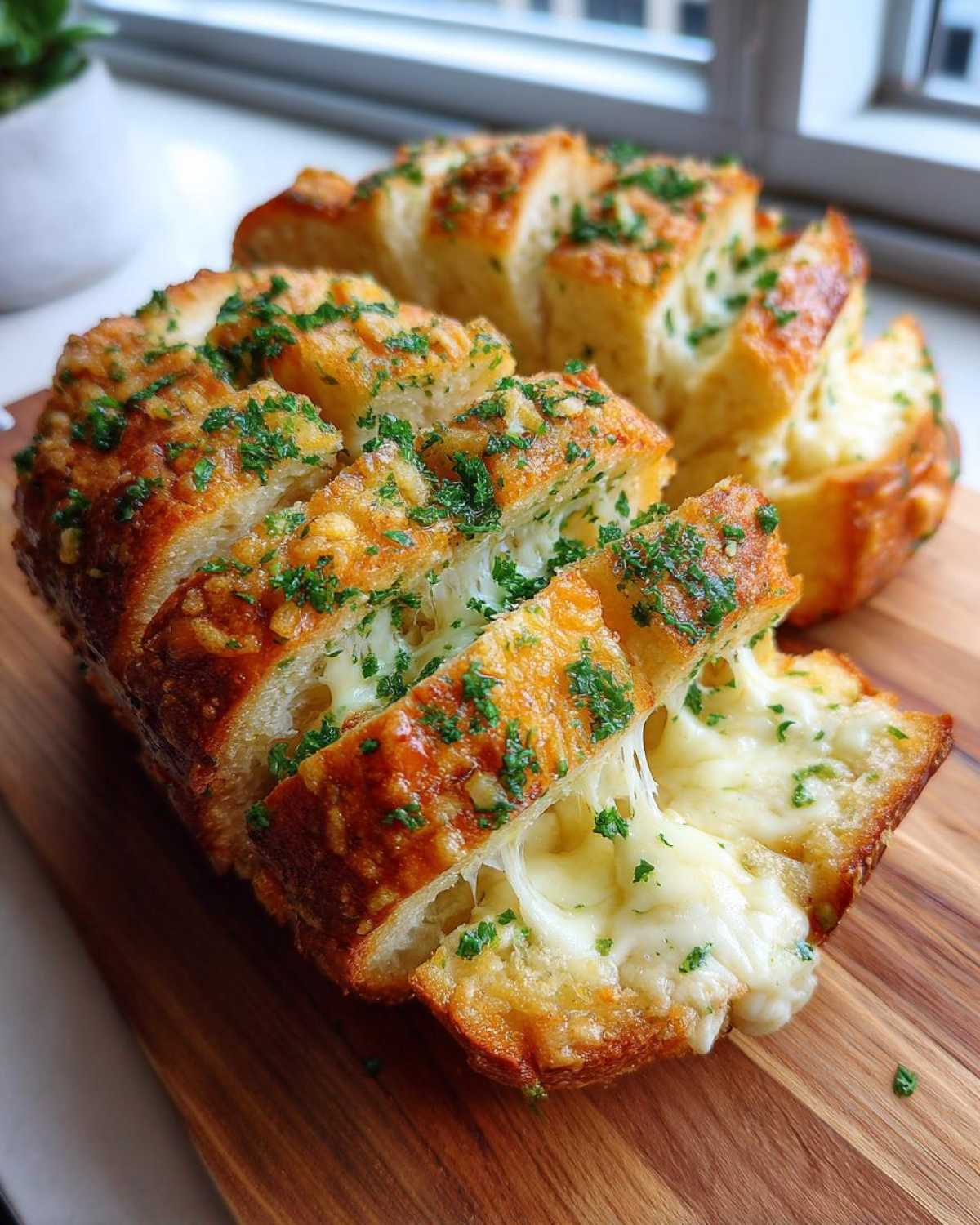 Close-up of amazing 3-cheese cheese bread, sliced and showing melted, stretchy cheese pull, topped with herbs.