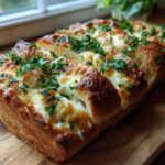 A loaf of amazing 3-cheese bread, baked until golden brown and topped with melted cheese and fresh parsley.