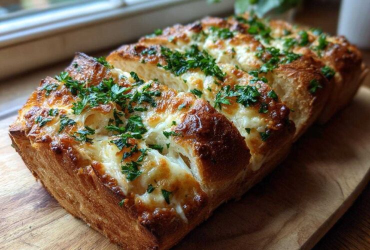 A loaf of amazing 3-cheese bread, baked until golden brown and topped with melted cheese and fresh parsley.